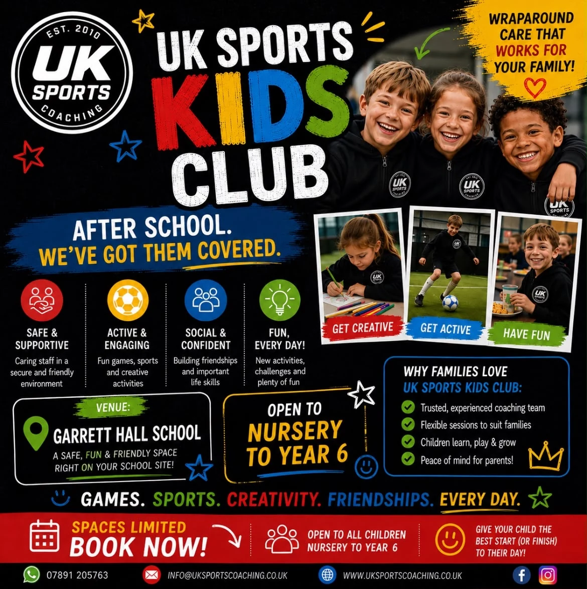 UK Sports Kids Club poster promoting after-school wraparound care at Garrett Hall School for Nursery to Year 6
