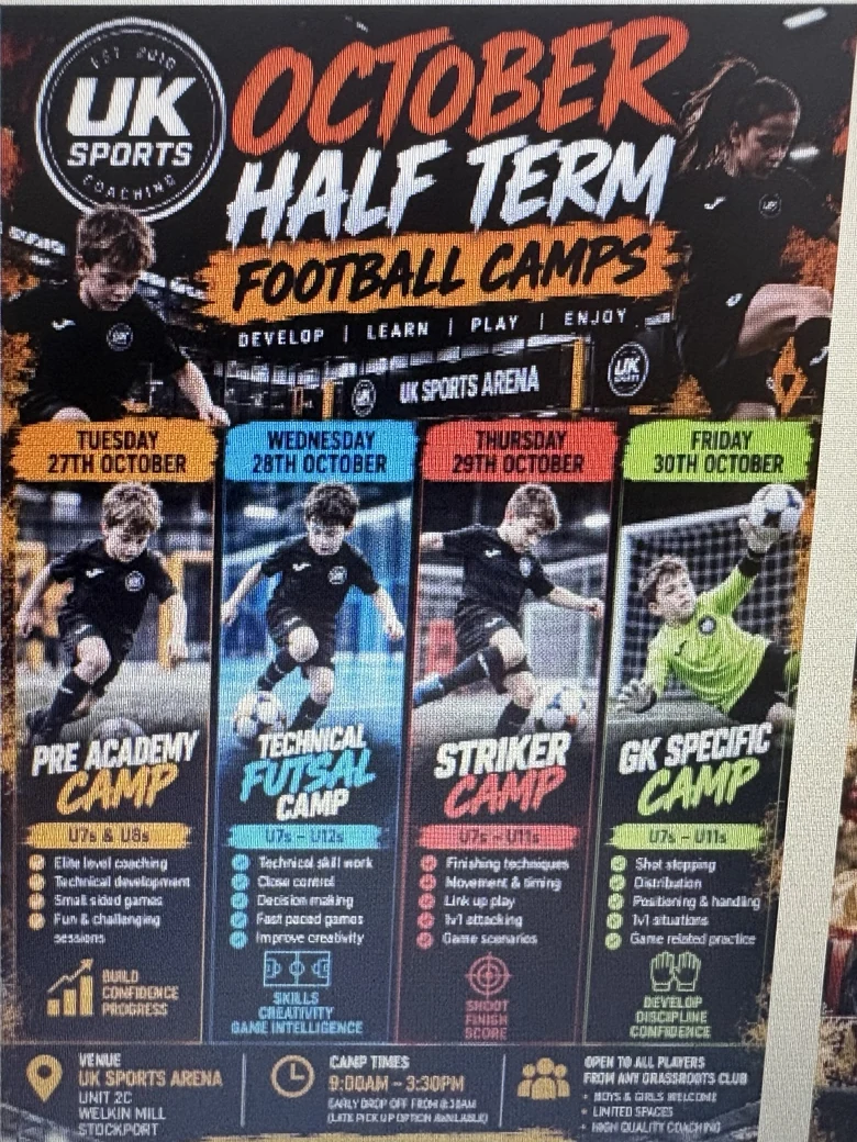 UK Sports Arena October Half-Term Football Camps poster, 27 to 30 October 2026