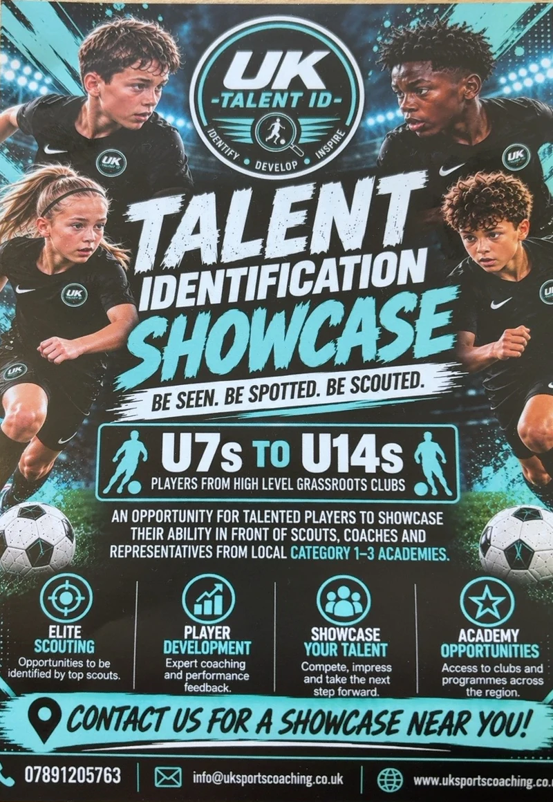 UK Sports Talent Identification Showcase poster for U7s to U14s players
