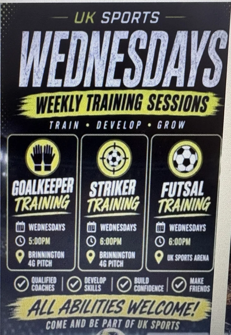 UK Sports Wednesday goalkeeper striker and futsal weekly training sessions poster