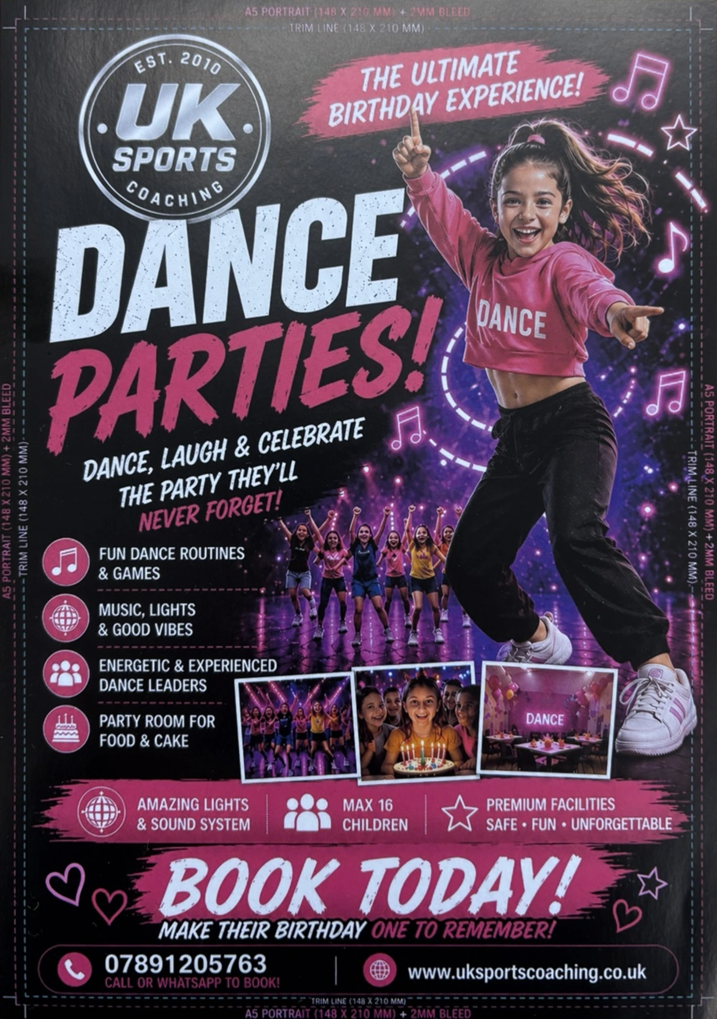 UK Sports dance birthday party poster featuring dance games, music and studio lights