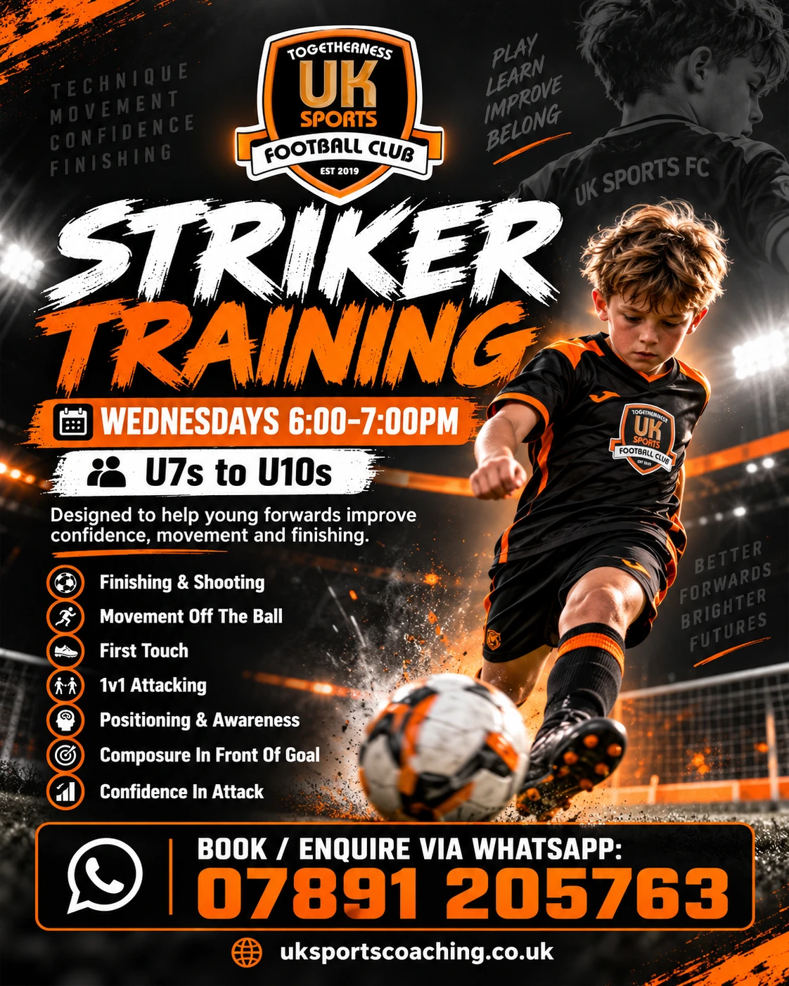 UK Sports striker training poster for Wednesdays 6:00 to 7:00pm, U7s to U10s
